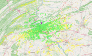 Map of AREDN coverage from Blue Mountain (WiTF) north of Harrisburg, PA